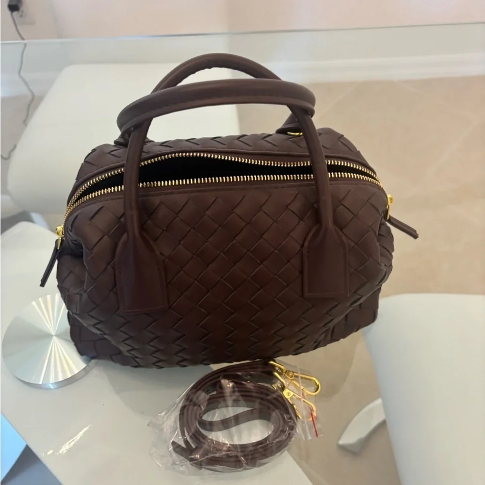 Elegant Brown Woven Vegan Handbag